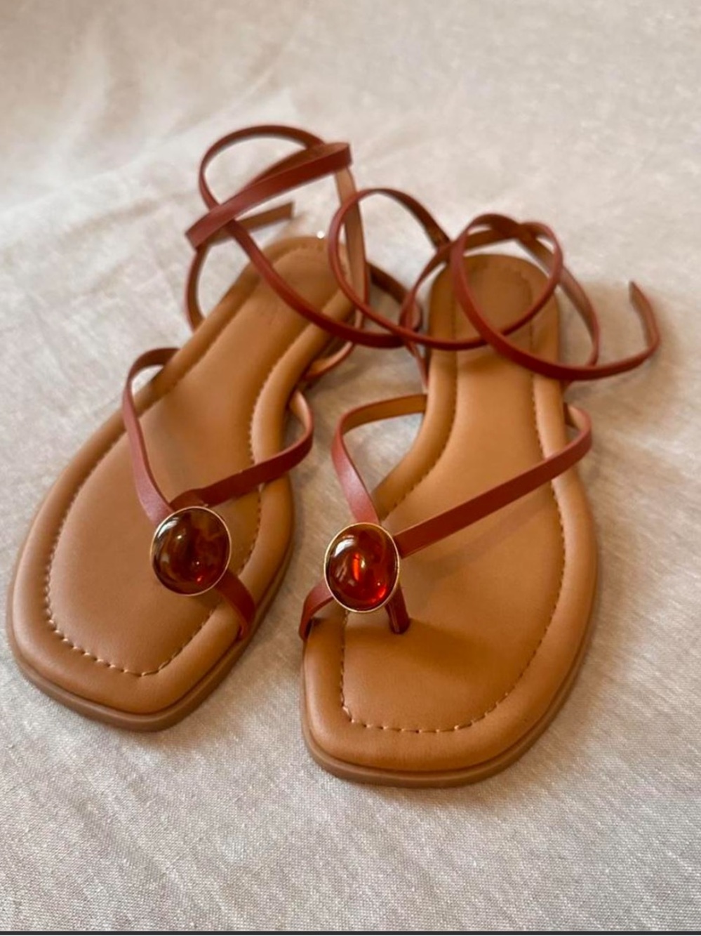 Cognac Brown Boho Women's Strappy Amber-Tone Leather Sandals